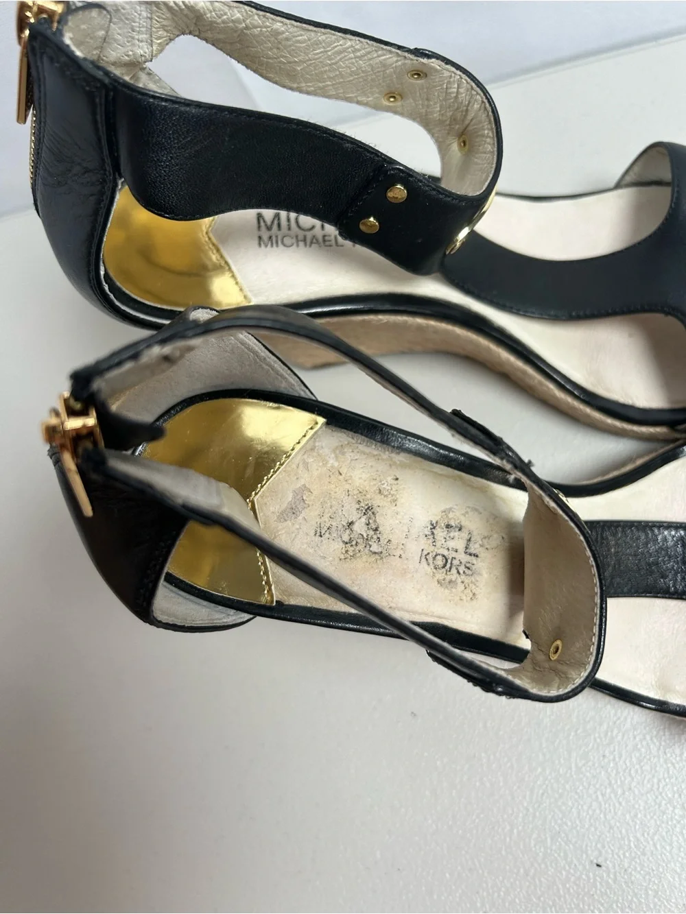 Michael Kors Black Leather Wedge Sandals with Gold Accent In 9M